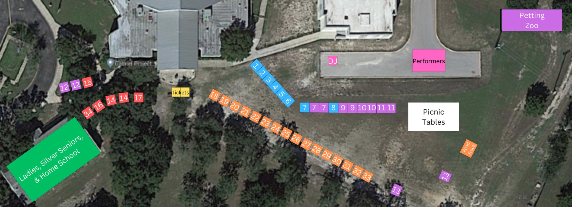 Aerial map of the Unity Day grounds with numbered booths
